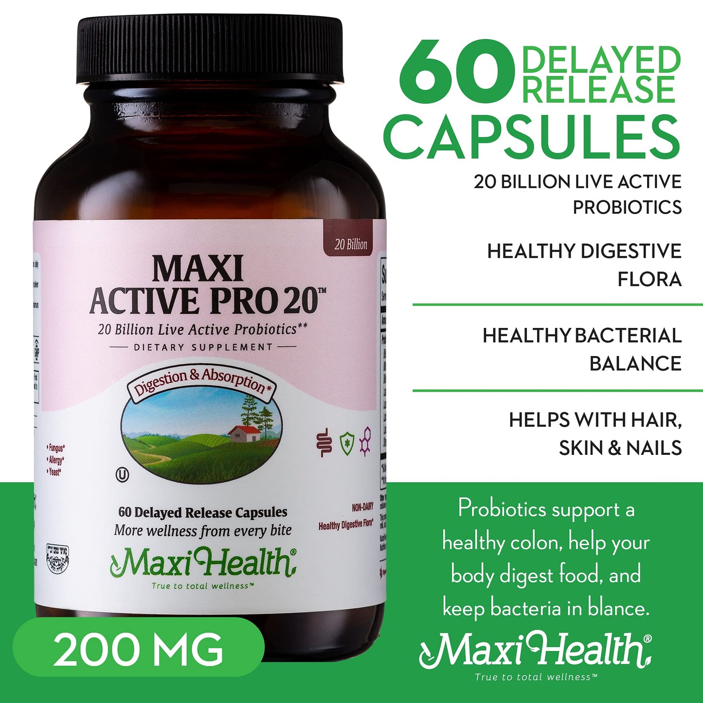 Maxi Health Probiotics for Digestive Health and Gut, 15 Strains, 20 Billion CFU Active Organisms, Daily Probiotic for Digestive Support, 60 Capsules
