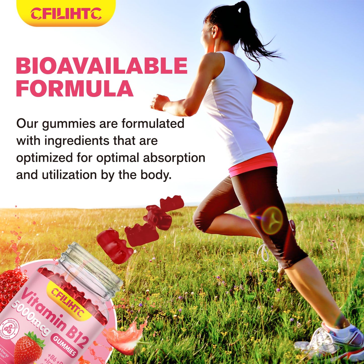 CFILIHTC Vitamin B12 Gummies 5000mcg Methyl B12 with Vitamin B6, D3, Iron & Folate, 120 Gummies