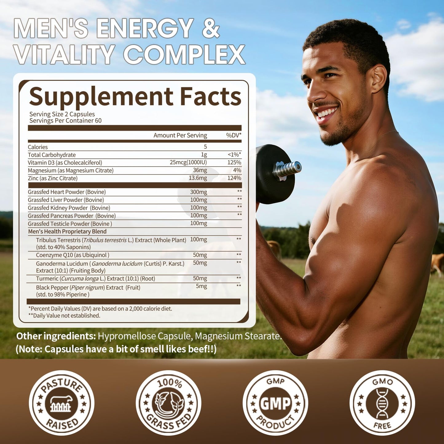 M inch Beef Liver Capsules with Kidney, Pancreas, Tribulus Terrestris, CoQ10, Zinc & Magnesium for Men's Vitality, Immune Support, Gluten-Free, Non-GMO, 240 Capsules