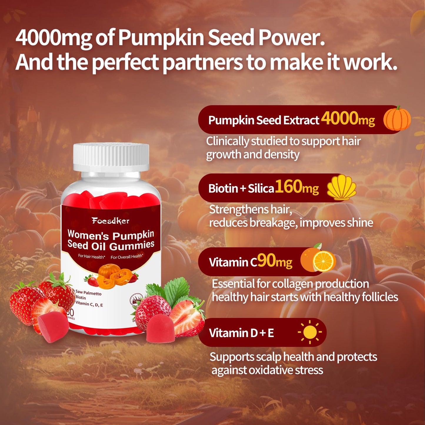 Foesdker Women's Hair Health Pumpkin Seed Oil Gummies with Saw Palmetto, Biotin, Vitamin C, D, E for Hair & Skin & Daily Overall Health, Strawberry Flavor, 60 Count