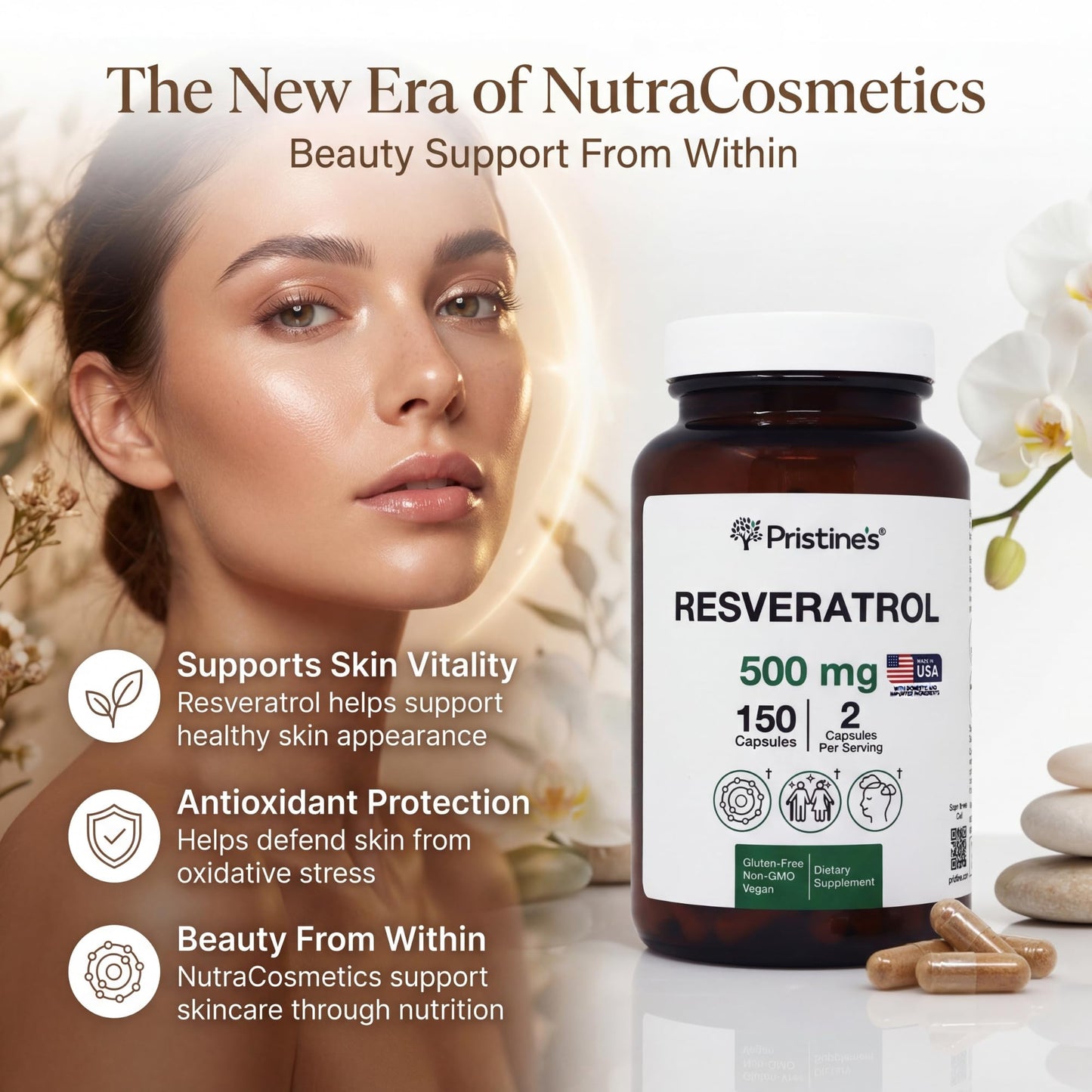 PRISTINE'S Resveratrol 500MG 75 Day Supply Anti Aging Antioxidant & Heart Health Supplement Capsules 150 Count