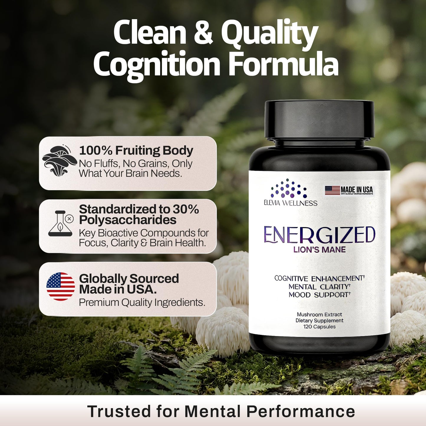 Elevia Wellness Energized Lions Mane Supplement 120 Capsules