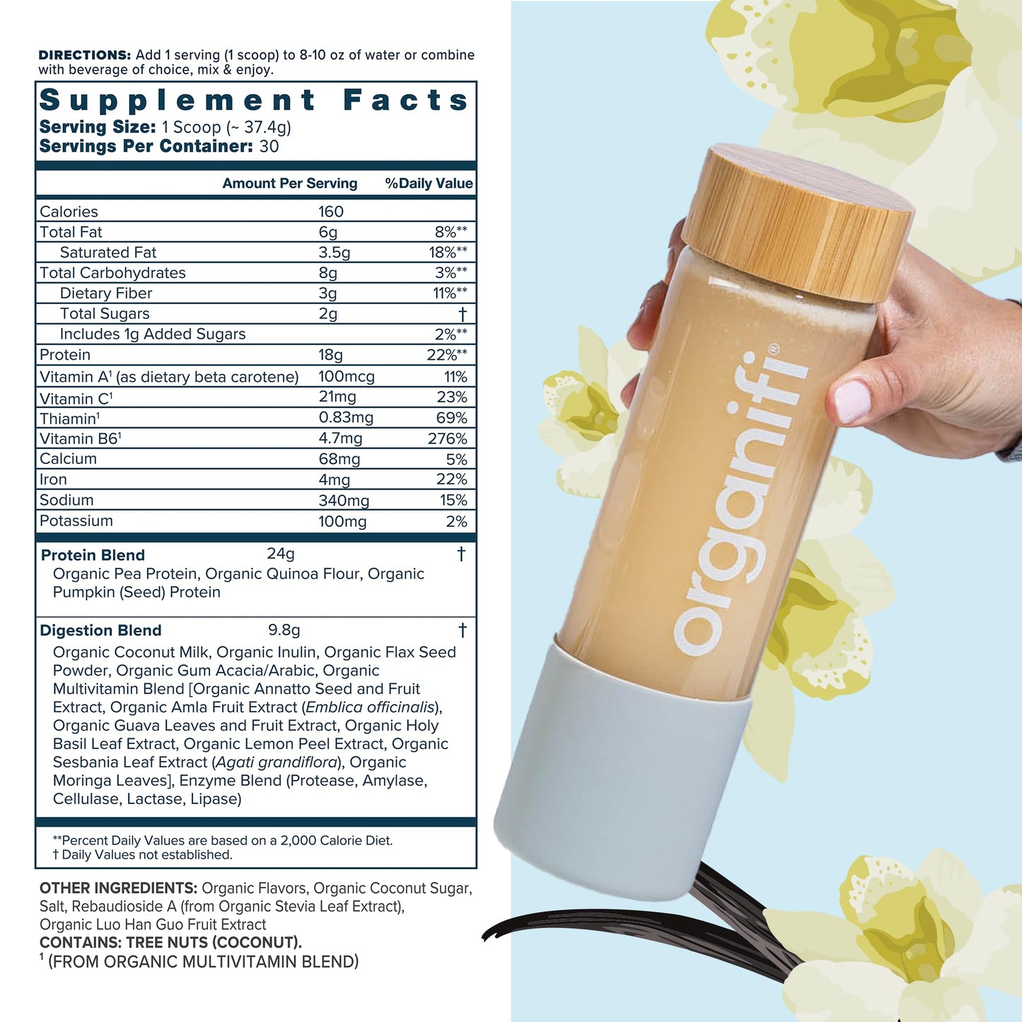 Organifi Complete Protein Vanilla Flavor Organic Vegan Plant Based Protein Powder with Digestive Enzymes, 30 Day Supply