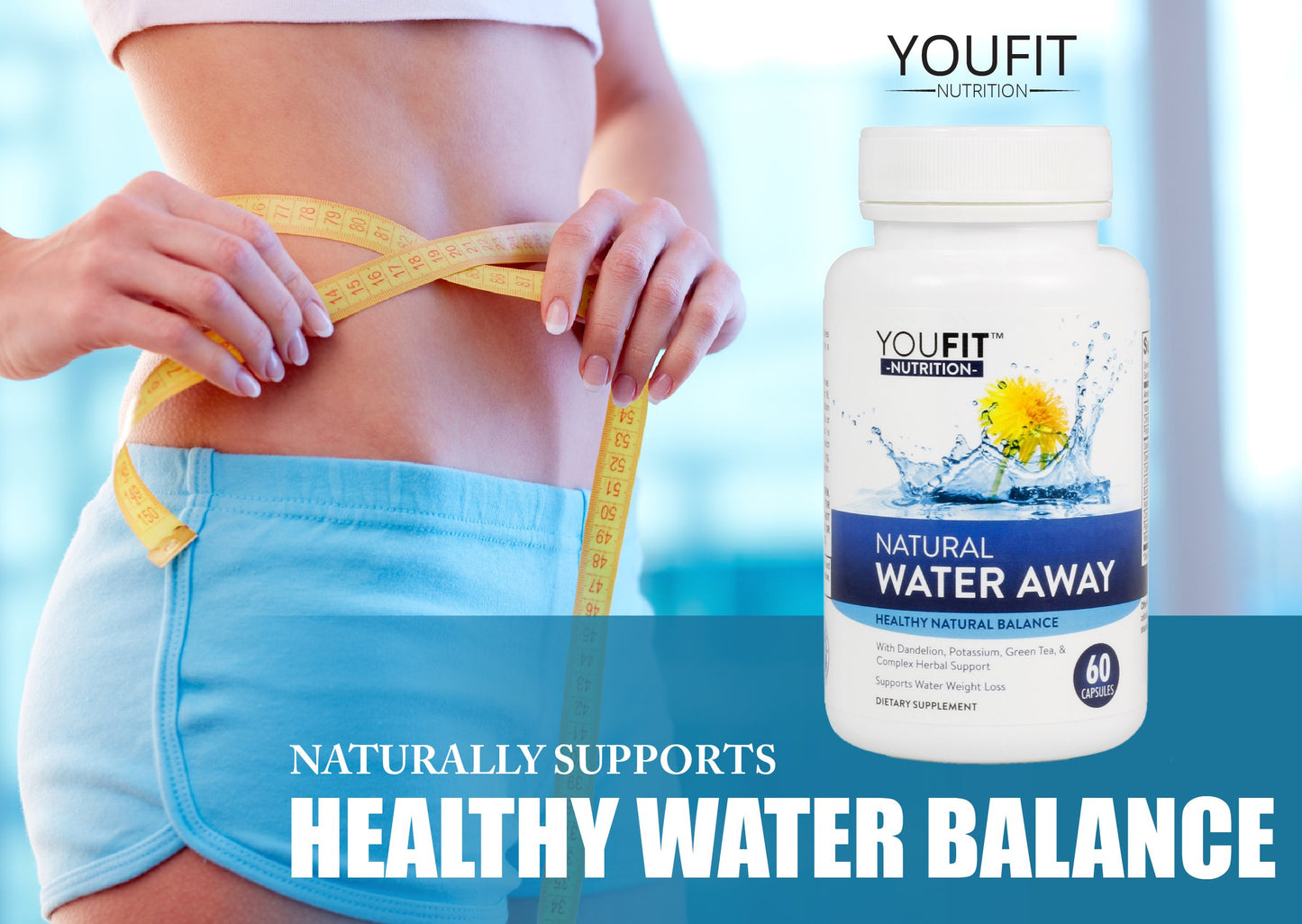 YouFit Nutrition Water Pills for Bloating & Fluid Balance, Natural Herbal Diuretic with Dandelion, Green Tea & Potassium, 60 Capsules