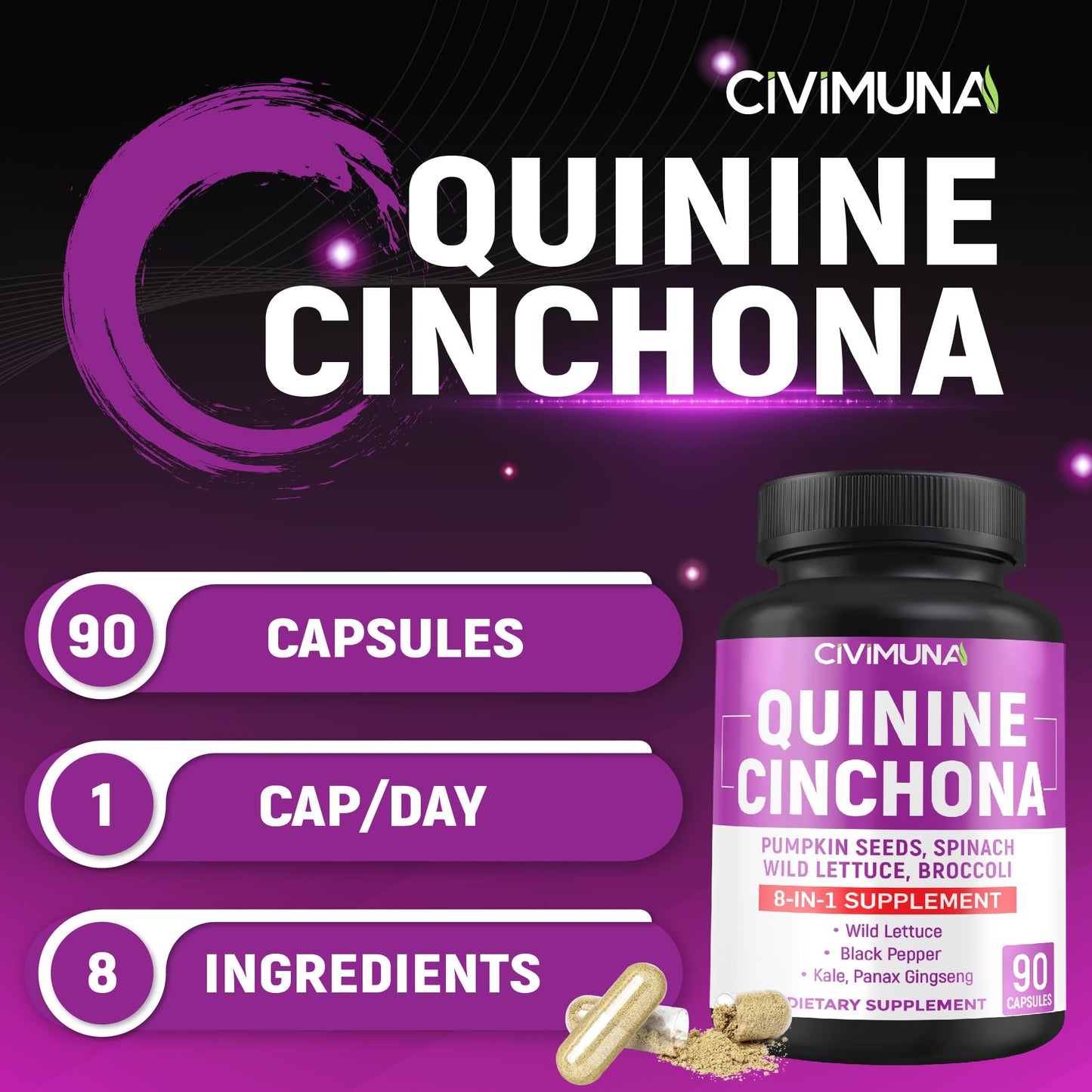 CIVIMUNA Quinine Cinchona Bark Capsules, 90 Count
