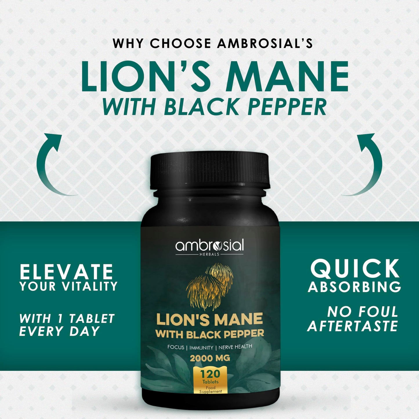 AMBROSIAL Lion's Mane with Black Pepper - 2000 mg, 120 Tablets