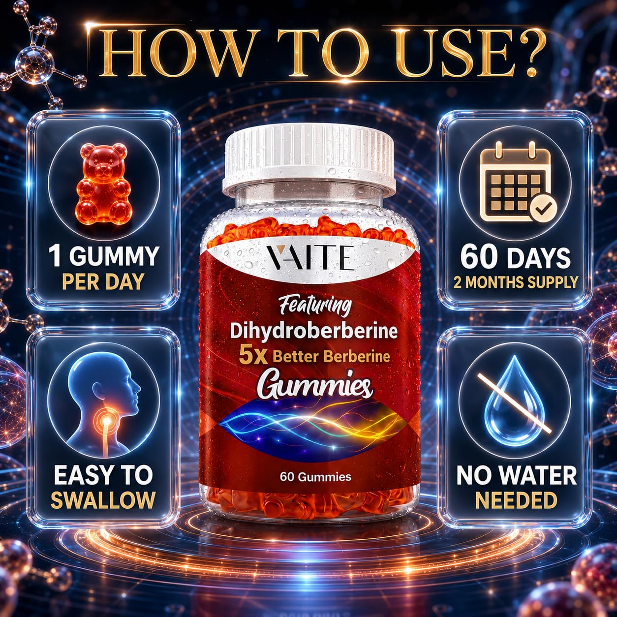 VAITE Dihydroberberine 5X Better Berberine HCl – 7-in-1 Advanced Complex for Enhanced Absorption Chewable Gummies, 60 Count