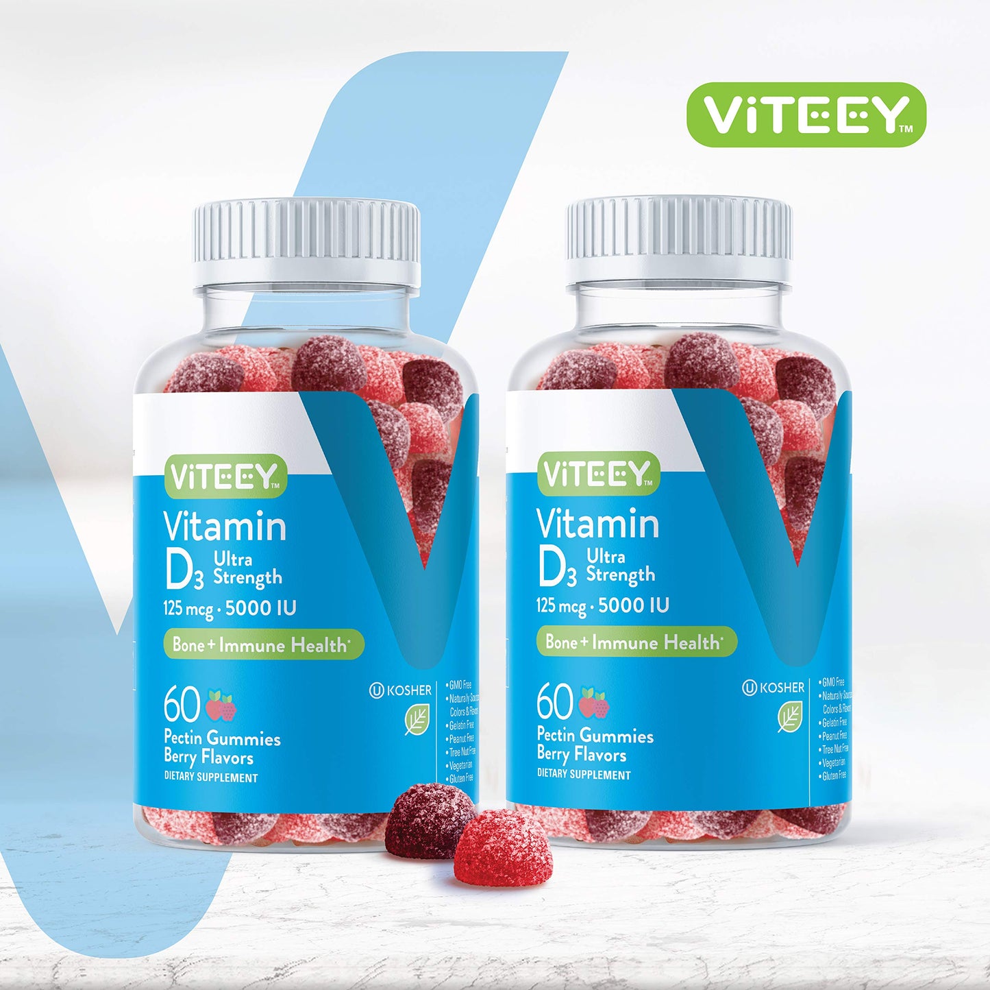 Viteey Vitamin D3 Gummies - 5,000 IU (125 mcg) Ultra Strength - Joint & Muscle Health, Immune Support - Vegetarian, Gelatin Free - Berry Flavored - 120 Gummies