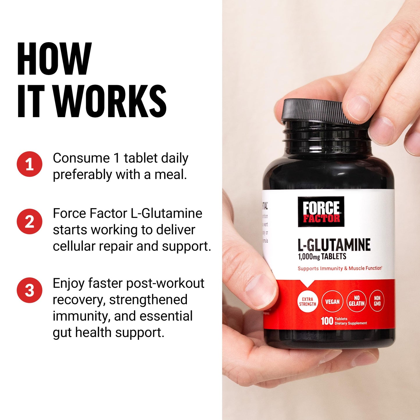 Force Factor L-Glutamine 1000mg Tablets, 100 Count