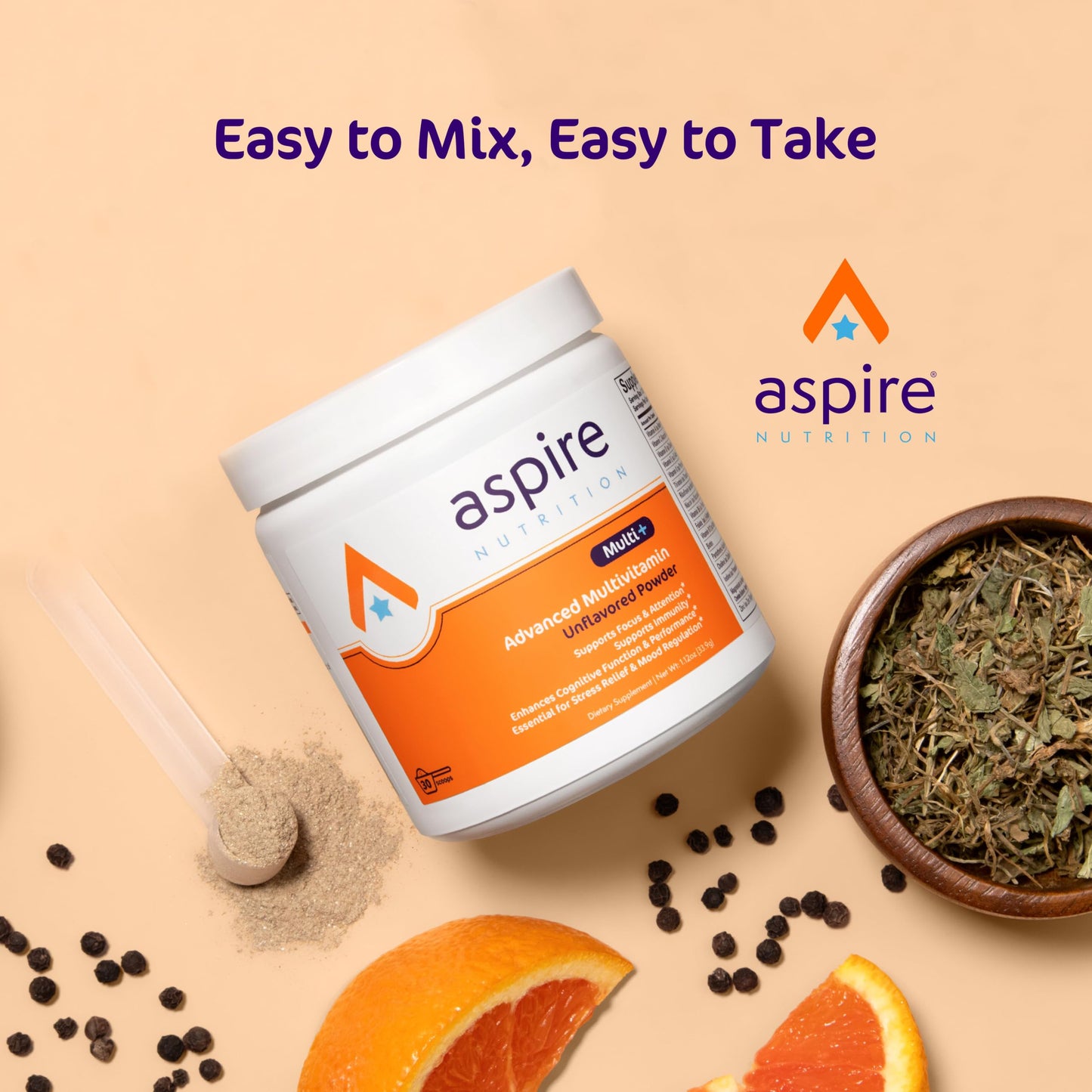 Aspire Nutrition Multi+ Advanced Multivitamin for Kids, Men & Women Powder, 30 Ounces