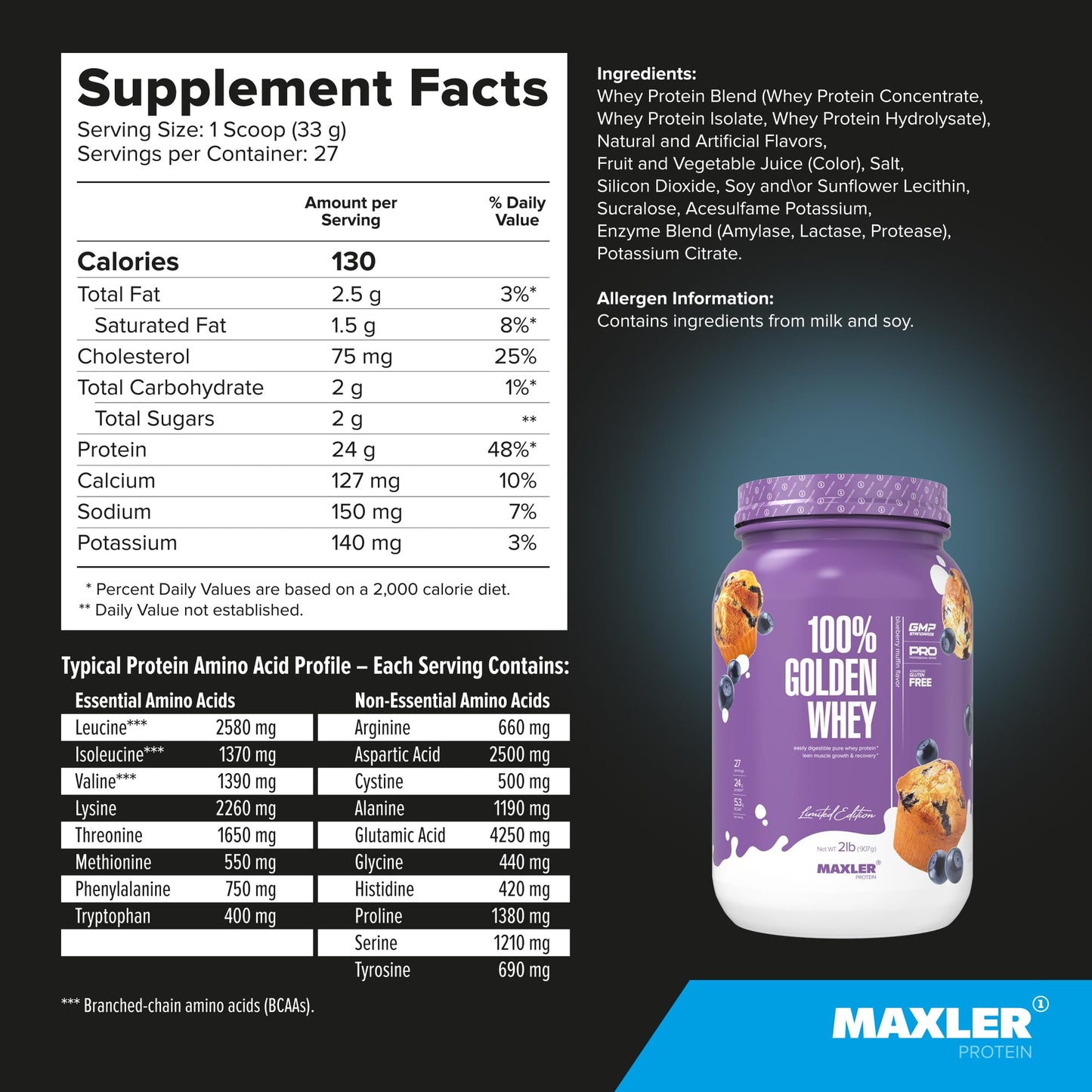 Maxler 100% Golden Whey Protein Powder Blueberry Muffin and Bananas & Cream Bundle, 64