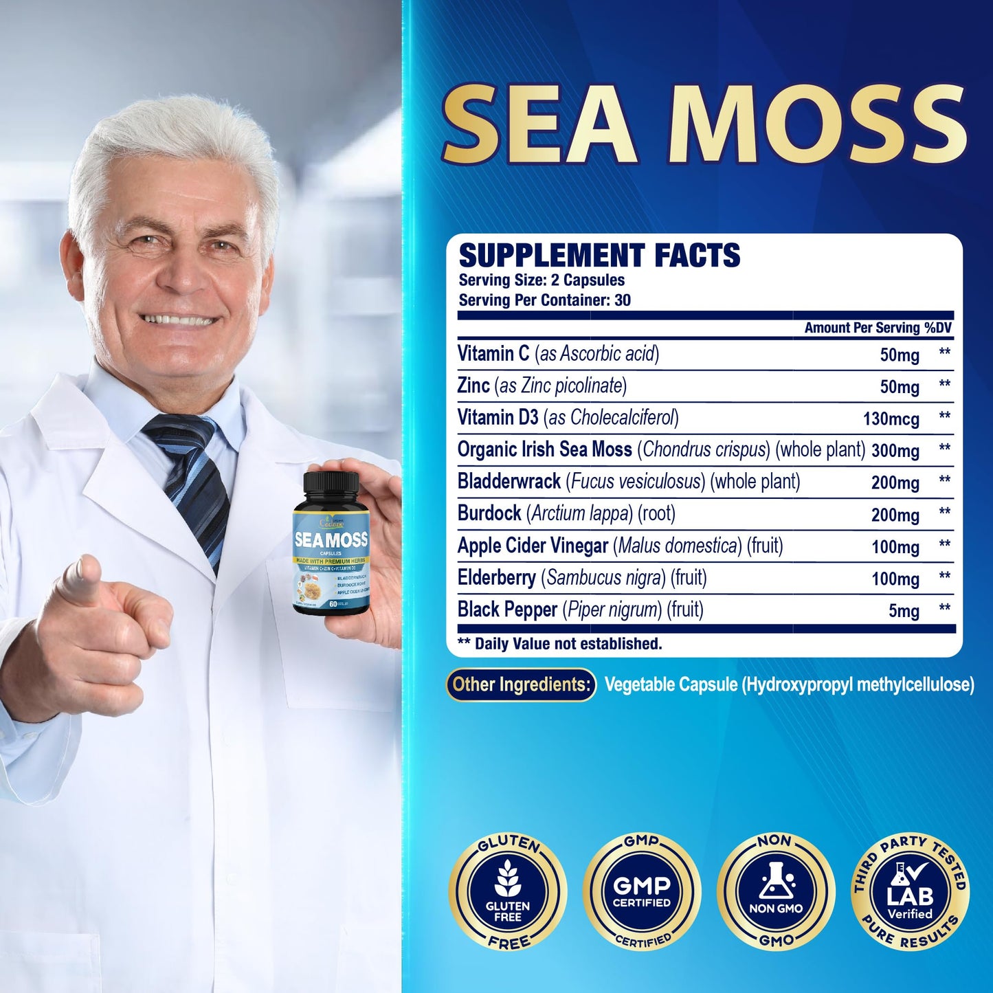 Organic Cadane Irish Sea Moss Powder Capsules, 60 Capsules