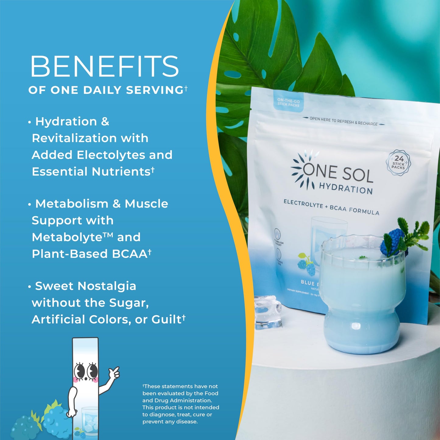 One Sol BCAA & Electrolyte Powder for Hydration & Energy, Natural Blue Raspberry Flavor, 7.68 Ounce