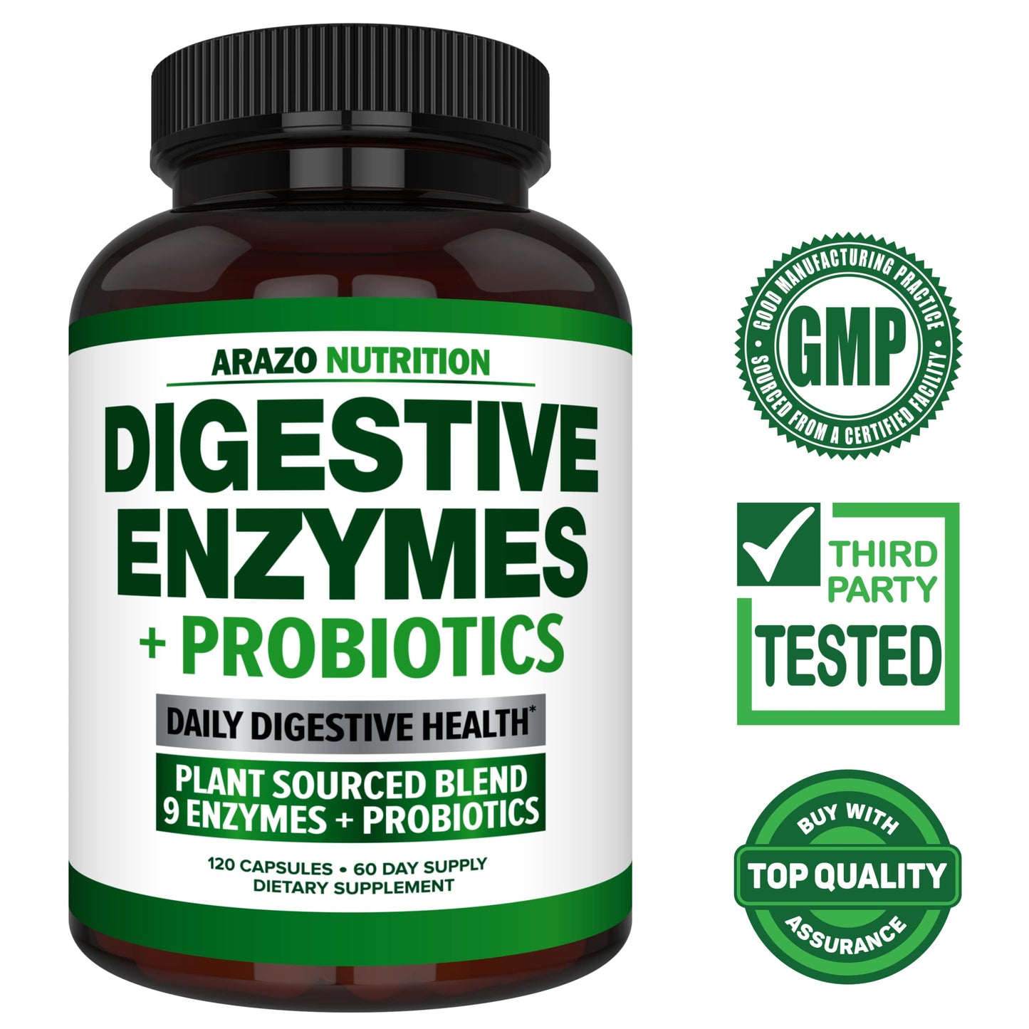 Arazo Nutrition Digestive Enzymes with Probiotics - Multi Enzyme Nutritional Supplement - Acidophilus Bromelain Papaya Papain Lipase & Lactase - Improve Digestion 120 Capsules