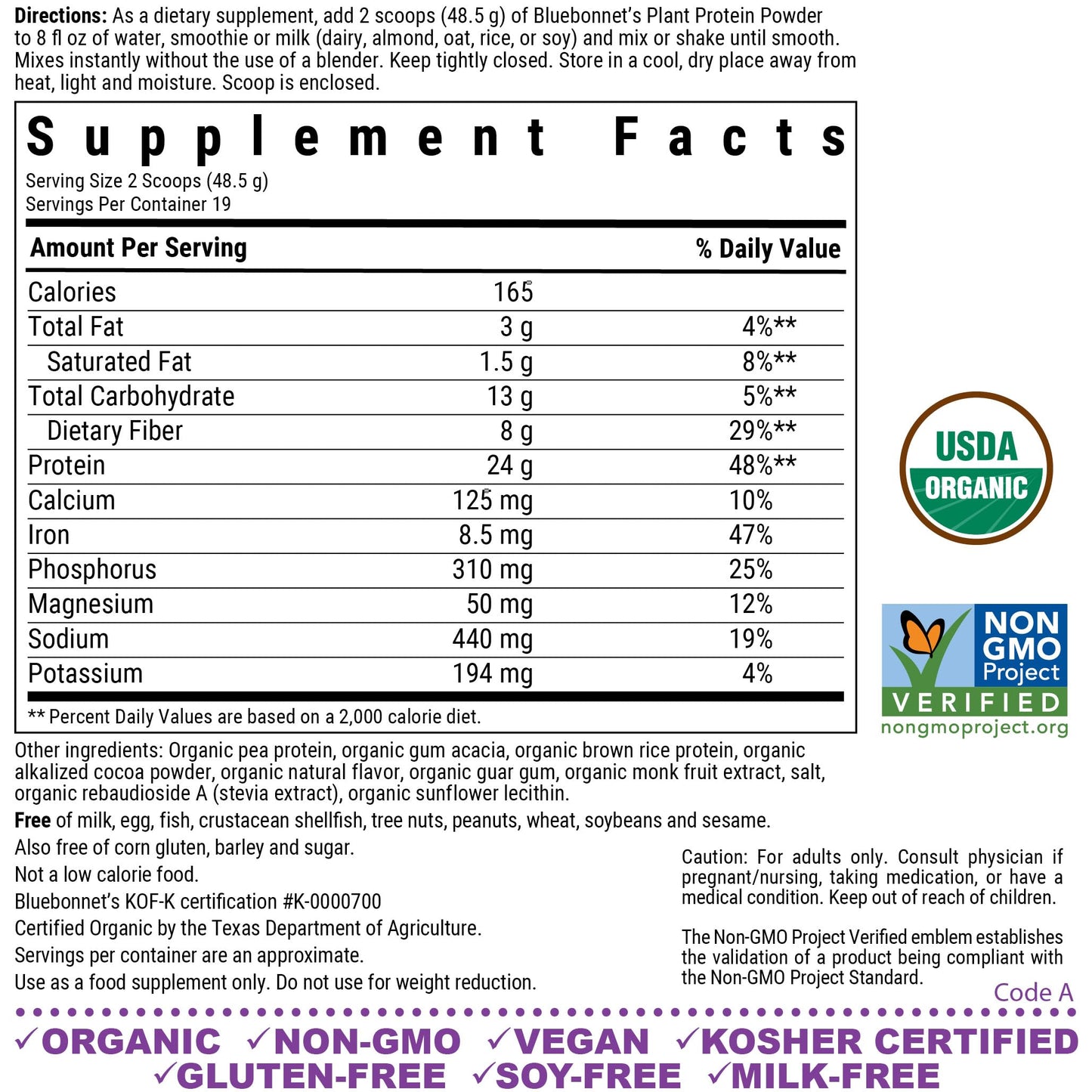 BlueBonnet Organic Plant Protein Powder 19 Servings