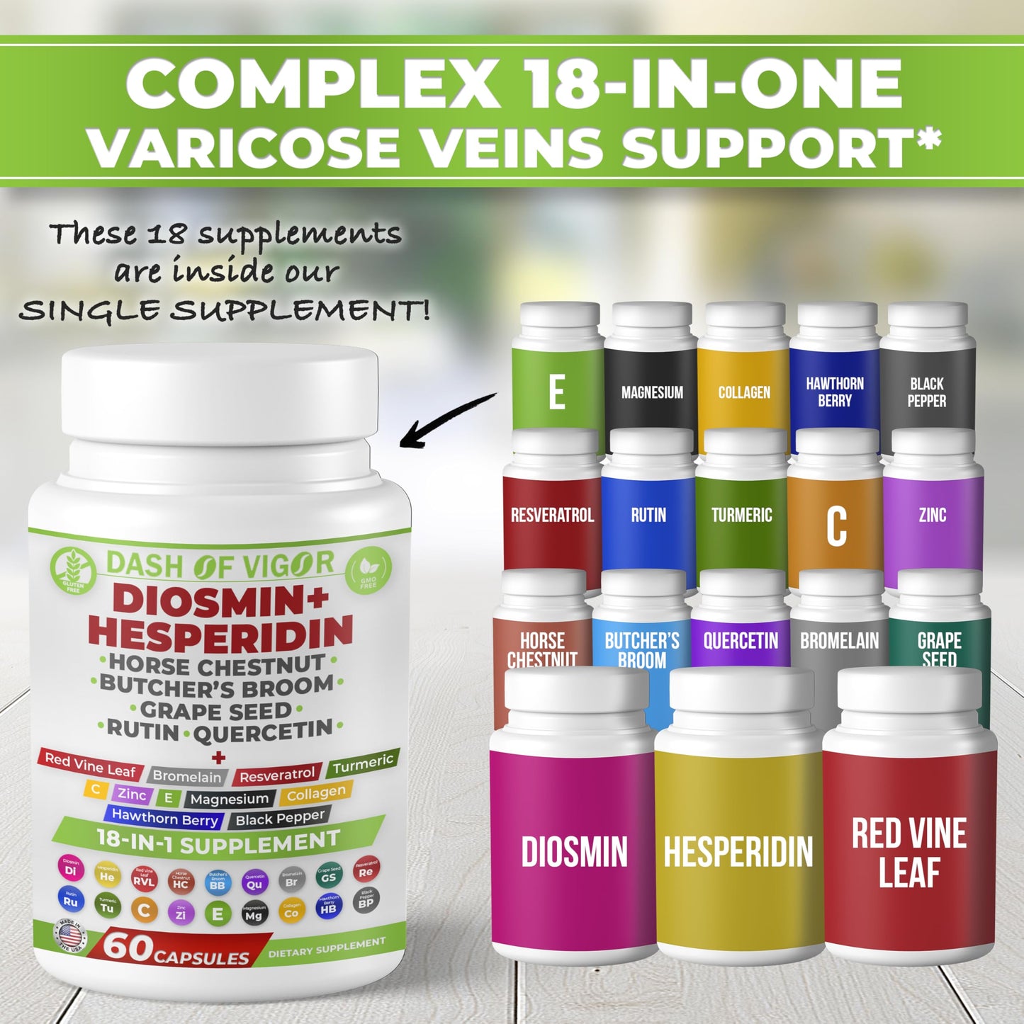 DASH OF VIGOR DOFV 18-in-1 Diosmin Hesperidin Supplement with Quercetin, Bromelain, Zinc, Vitamin C with Rutin, Horse Chestnut Extract, Butcher's Broom Extract Capsules 60