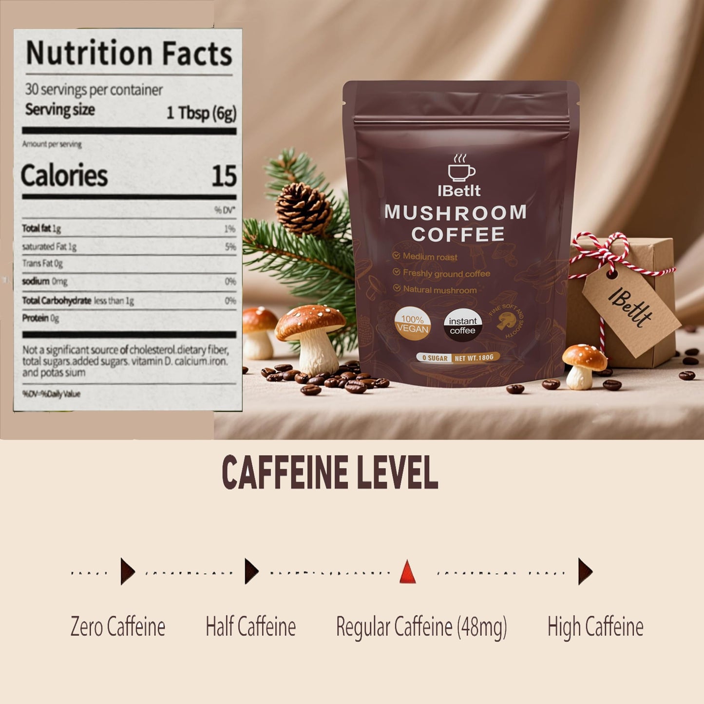 IBetIt Organic Mushroom Coffee with 6 Adaptogenic Mushrooms (Cordyceps, Reishi, King Trumpet, Shiitake, Turkey Tail, Lion's Mane) Powder, Enhanced Energy, Focus & Immunity, 6.5 oz