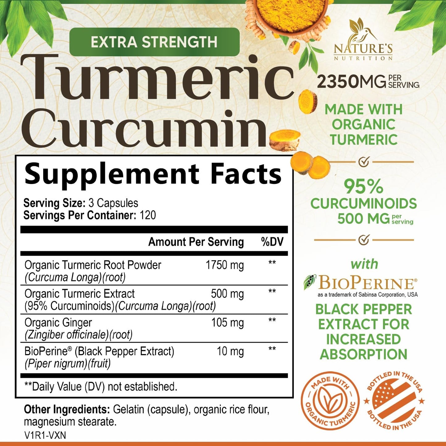 Nature's Nutrition Turmeric Curcumin Supplement 2350mg - 95% Curcuminoids with Organic Turmeric & Ginger, BioPerine Black Pepper for Absorption, Vegan Joint Support, Non-GMO, 360 Capsules
