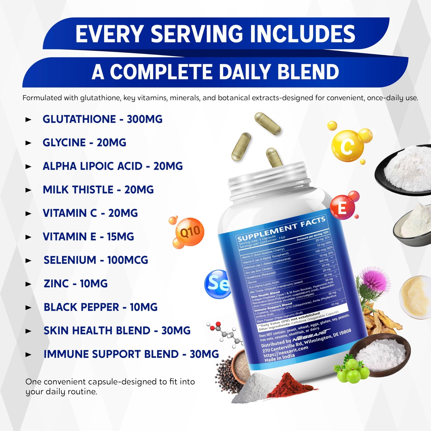NESSARIT Glutathione, Vitamin C, Glycine, Alpha Lipoic Acid & Milk Thistle – Support Immunity & Radiant Skin, 150 Capsules