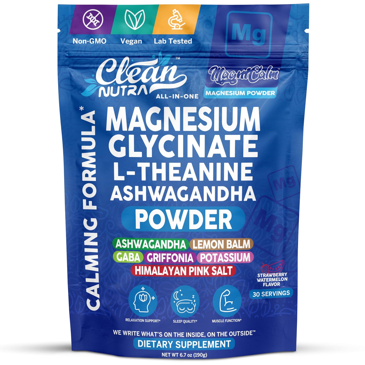 Clean Nutraceuticals Magnesium Glycinate Powder Supplement + L-Theanine, Ashwagandha, Glycine, Apigenin, Lemon Balm, GABA, 5-HTP, Pink Salt, Potassium, L-Tryptophan, Calcium 6.7 Ounce