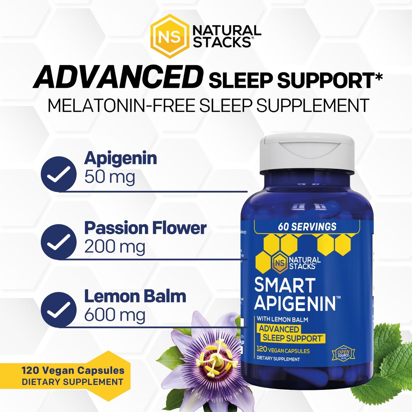 Natural Stacks Apigenin 50mg Sleep Supplement With Lemon Balm 600mg Capsules, 120 Capsules