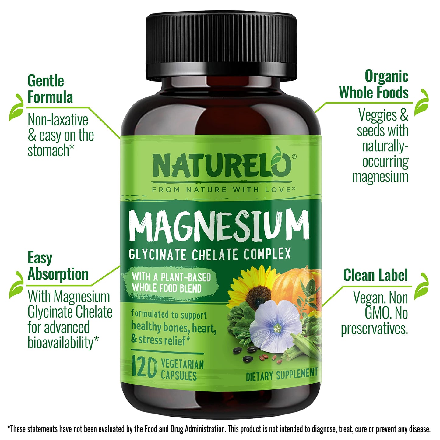 NATURELO Magnesium Glycinate Chelate Complex Capsules, 120 Capsules
