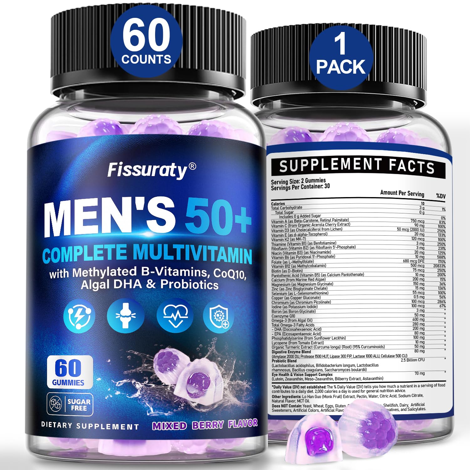 Fissuraty Multivitamin Gummies for Men 50+ Sugar Free Methylated Multivitamin, 60 Count