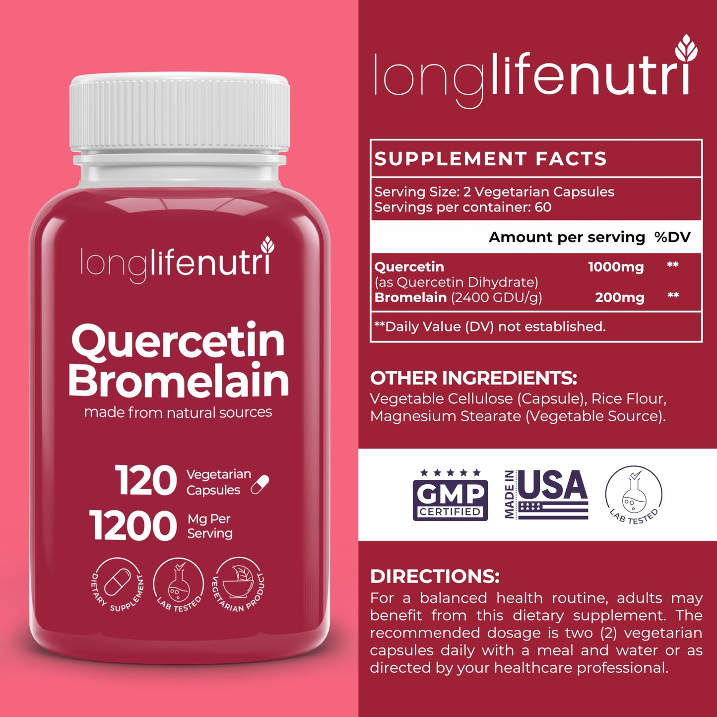LongLifeNutri Quercetin 1000mg with Bromelain 200mg 120 Capsules