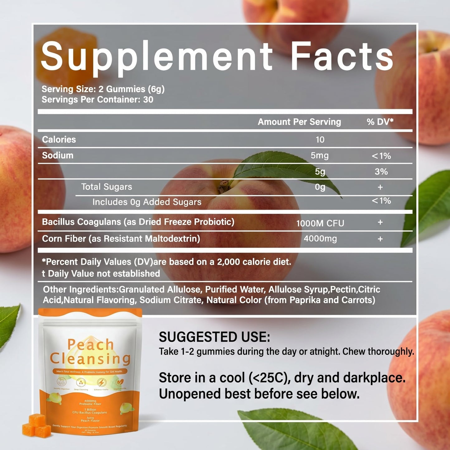 SERSANVE Peach Clean Fiber Gummies with Prebiotic for Men, 60 Count