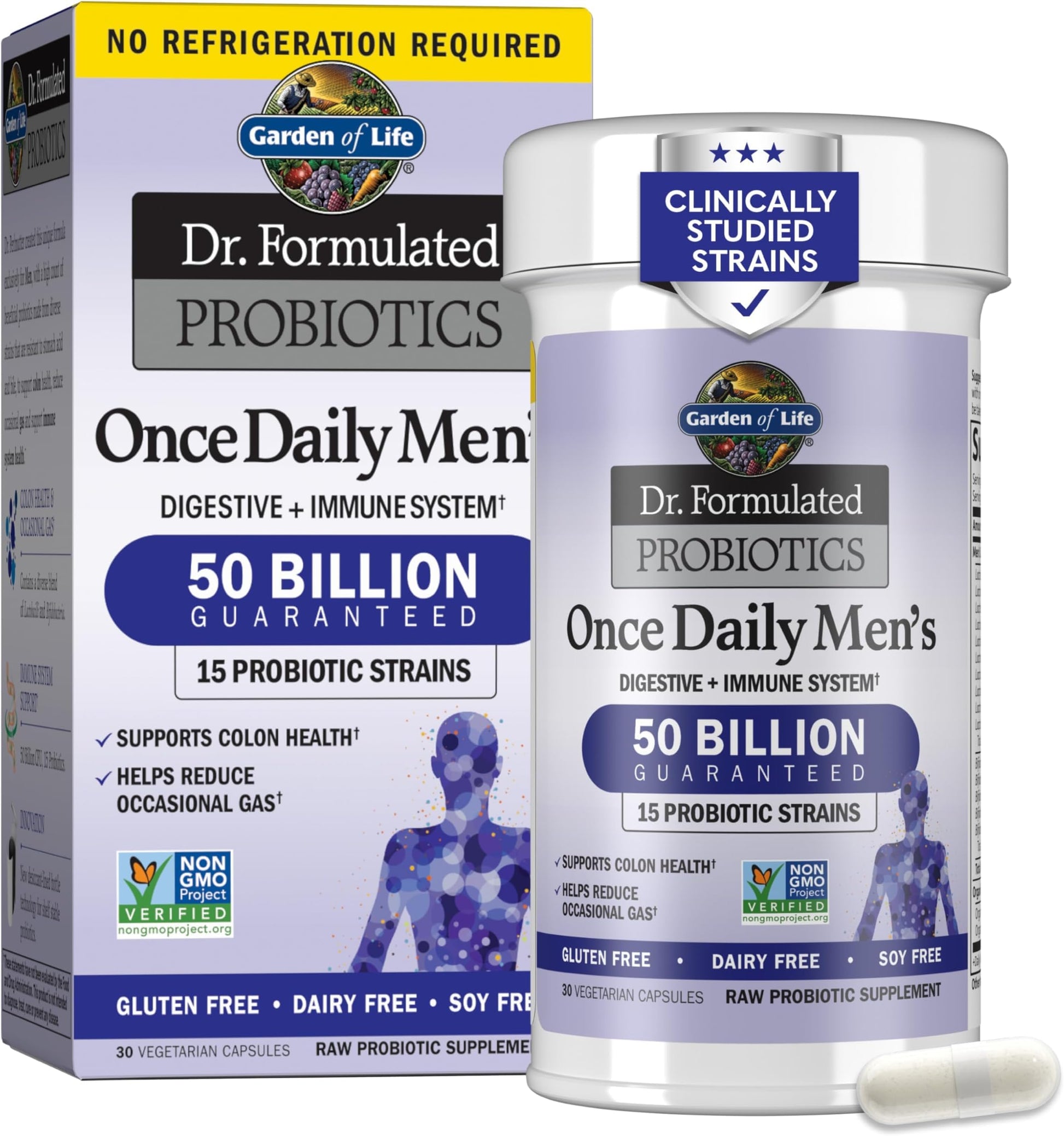 Garden of Life Probiotics for Men Dr Formulated 50 Billion CFU 15 Probiotics for Digestive Health Organic Prebiotic Fiber Colon & Immune Support Daily Gas Relief Shelf Stable Capsules 180
