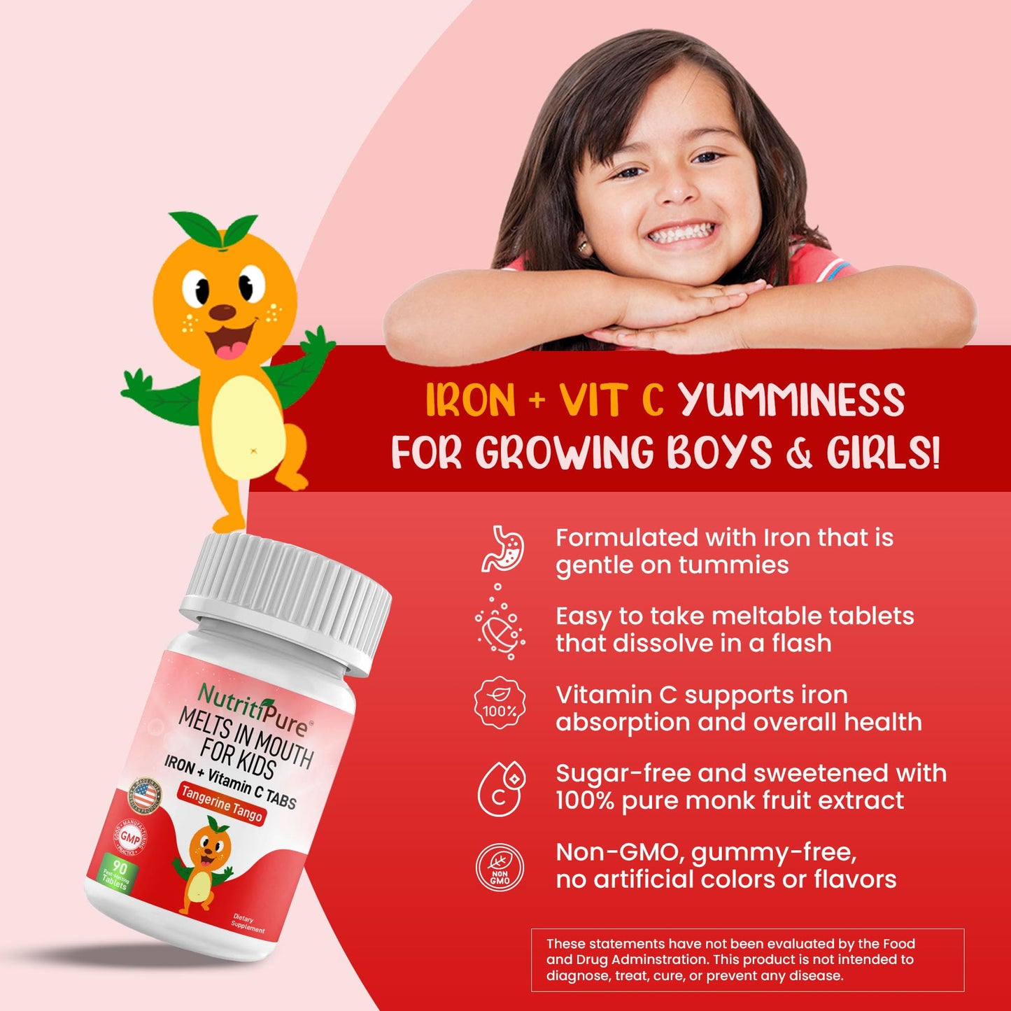 NutritiPure Kids & Toddler Chewable Iron 9mg with Vitamin C Orange Tablets, 90 Count