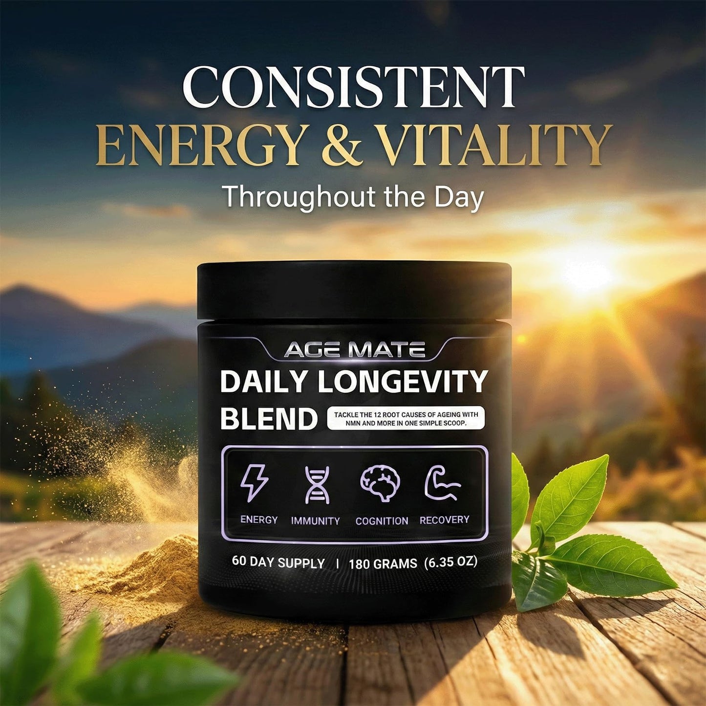 age mate Daily Longevity Blend Sugar Free Prebiotic Fiber Supports Energy Levels Powder 6.35 Ounce