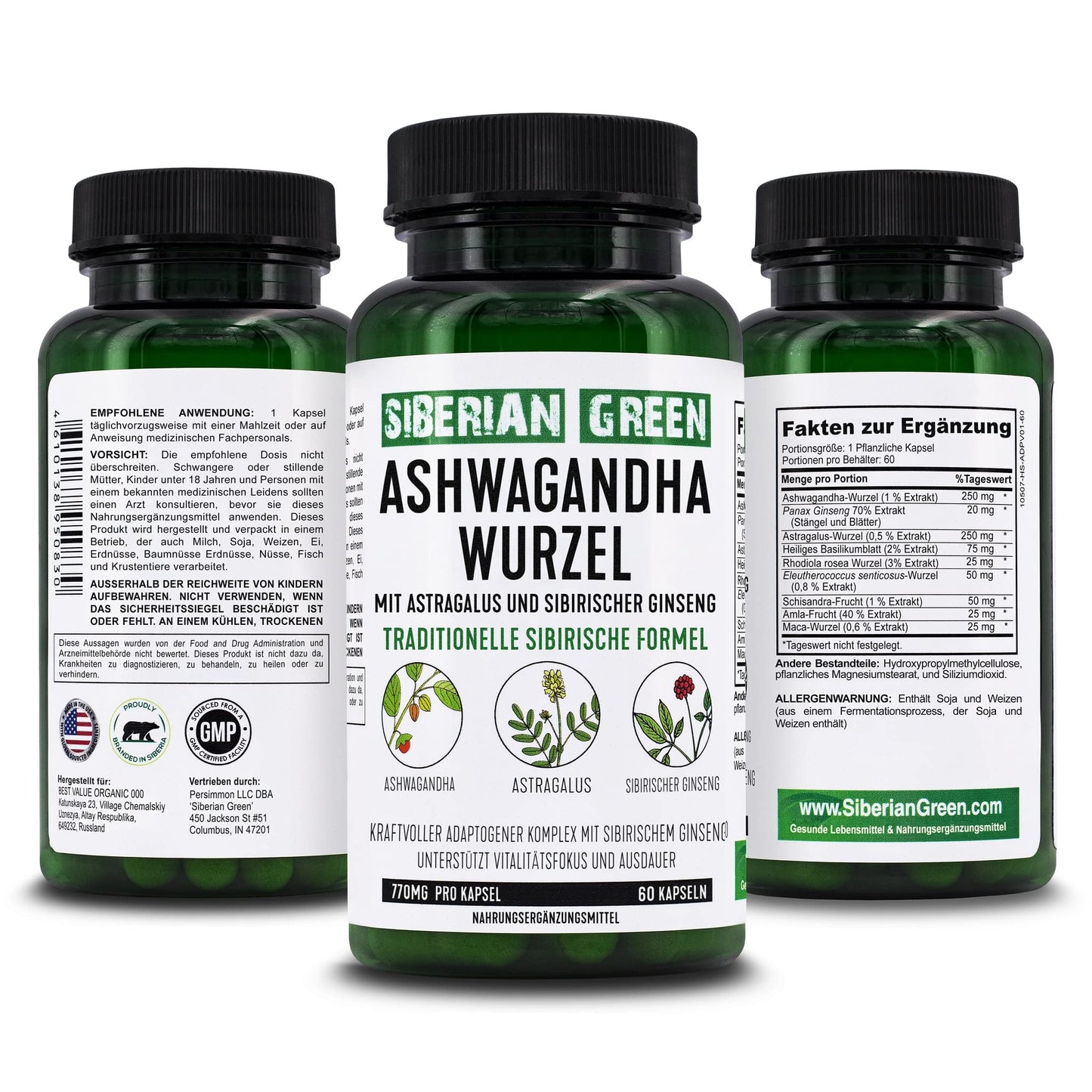 Siberian Green Organic Ashwagandha Root with Astragalus & Siberian Eleuthero Ginseng Complex Capsules, 60 Count