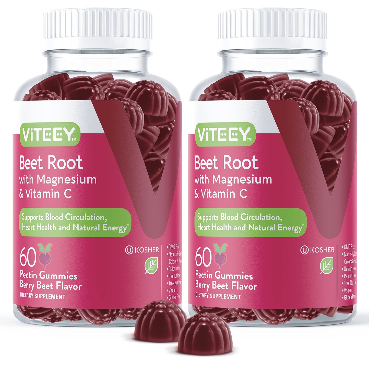 Viteey Beet Root Gummies with Magnesium & Vitamin C - Beetroot Supplement, 120 Gummies