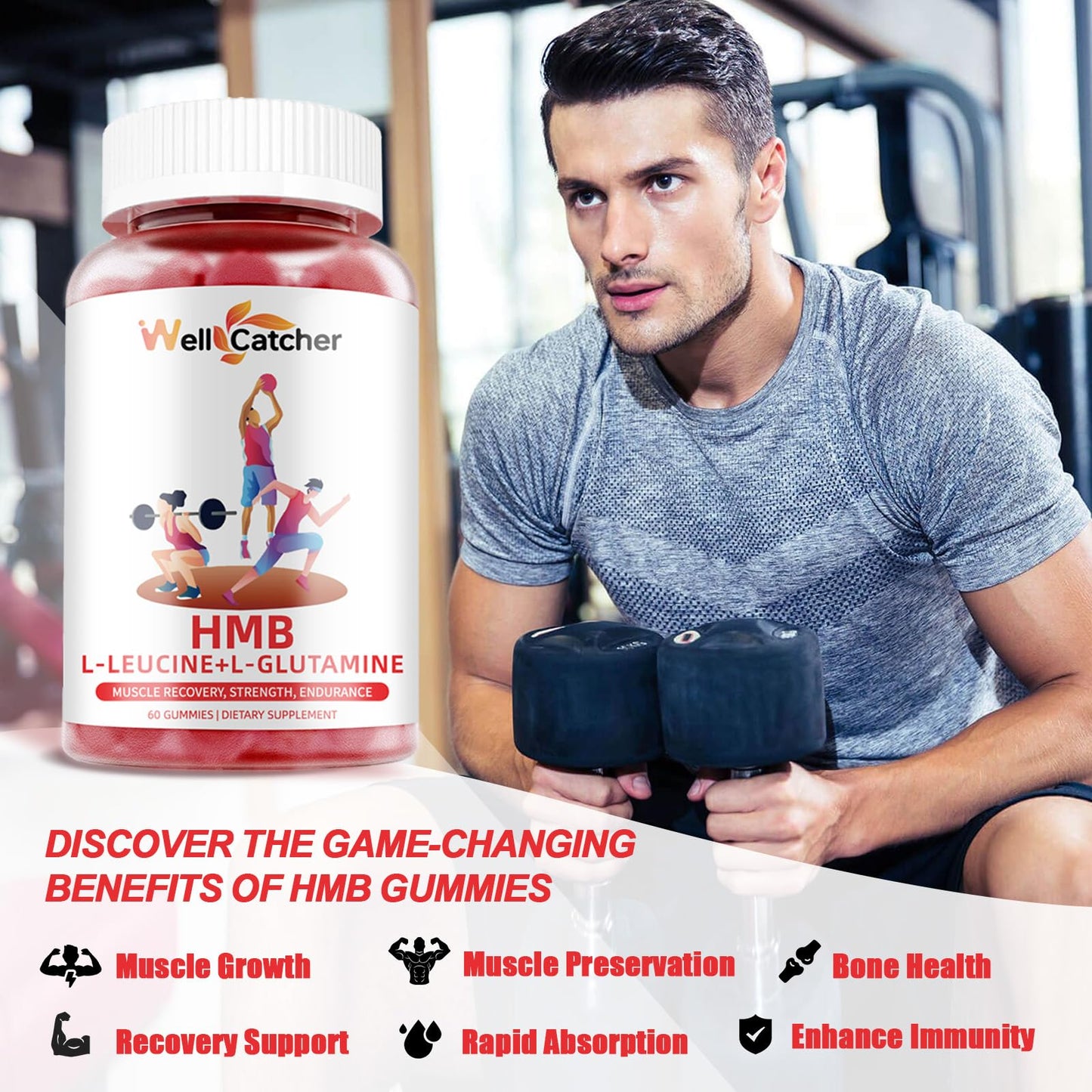 Wellcatcher HMB and Leucine Gummies with Essential Amino Acids, 120 Gummies