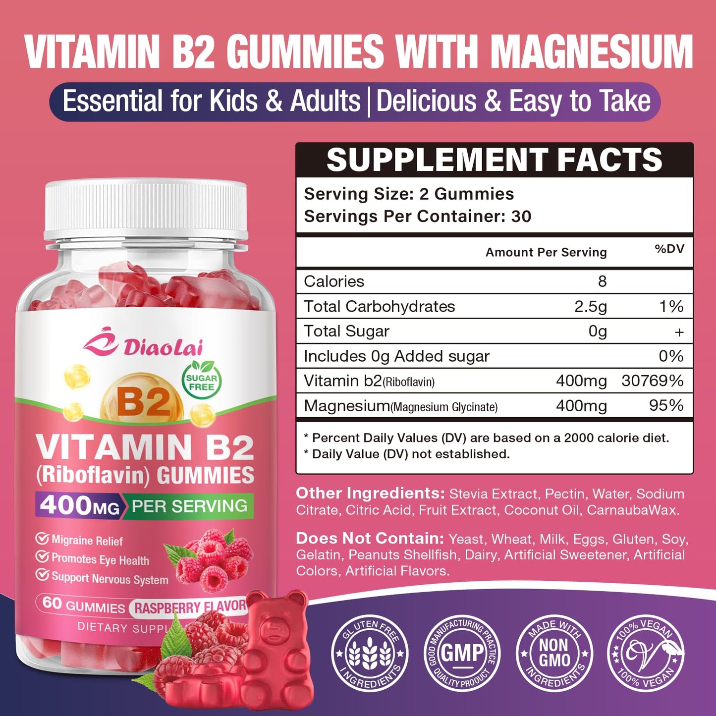 DIAOLAI Vitamin B2 Gummies Riboflavin 400mg Supplement with Magnesium for Kids & Adults, 2 Count