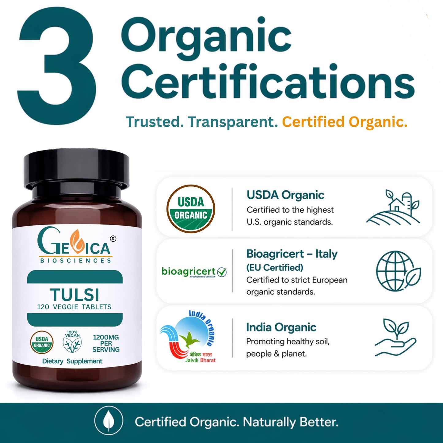 GeVica Biosciences Tulsi (Holy Basil) Supplement Tablets, 120 Count