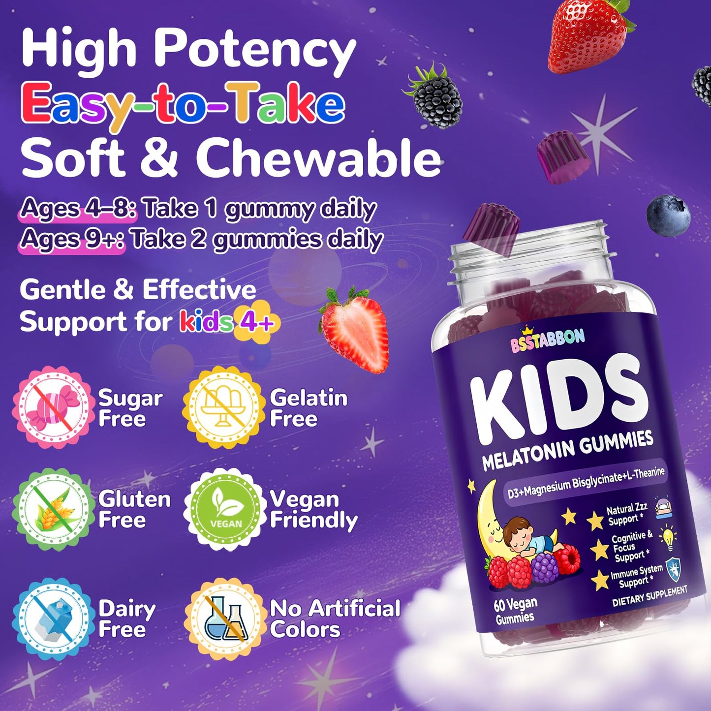 BSSTABBON Melatonin Gummies for Kids 1mg Extra Strength Chewable with Magnesium Chamomile Lavender Elderberry L-Theanine D3 B6 - Natural Rest Cycles for Children 4+, 120 Gummies