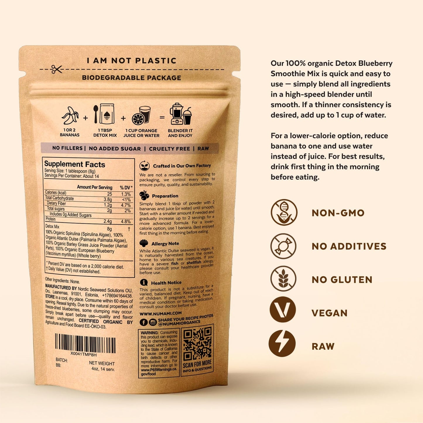 Numami Organic Detox Blueberry Smoothie Powder with Spirulina, Atlantic Dulse and Barley Grass Juice Powder, 4 Ounce