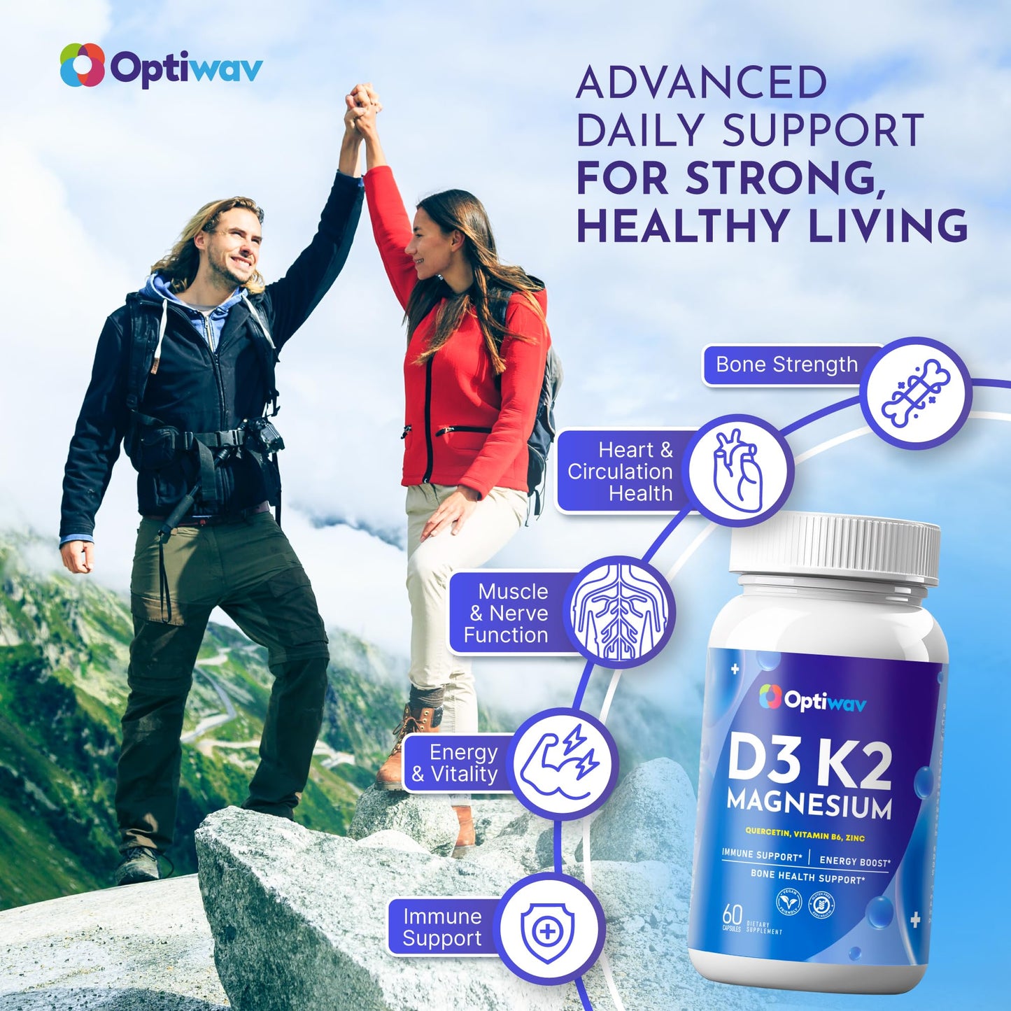 Optiwav Vitamin D3 K2 Magnesium Glycinate Zinc Quercetin Capsule 60 Count