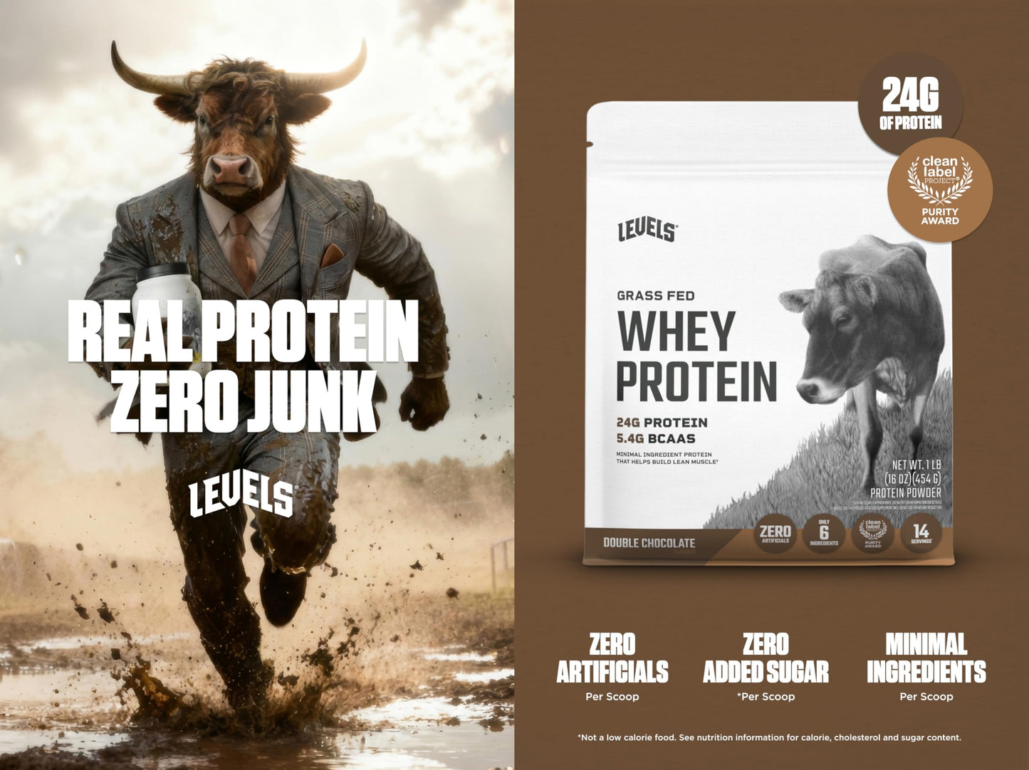 Levels Grass Fed Whey Protein Powder, Double Chocolate, 1 Pound, 16 Servings
