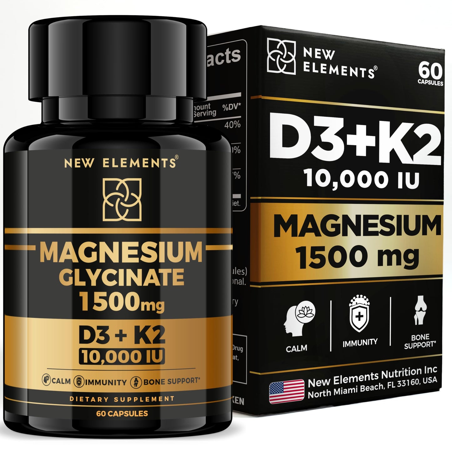 New Elements Magnesium Glycinate 1500mg with Vitamin D3 K2 10,000 IU, 60 Vegan Capsules