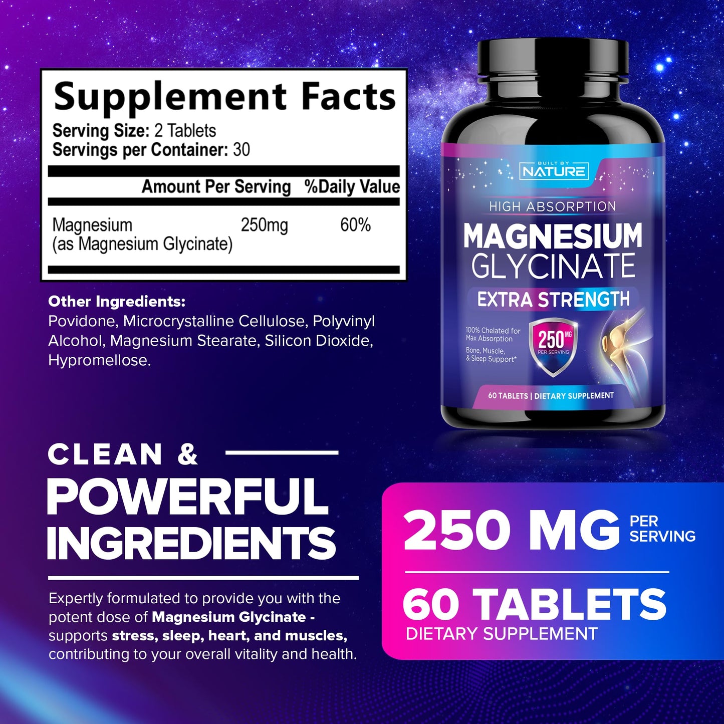 Built by Nature Magnesium Glycinate 250mg Tablet, 60 Count