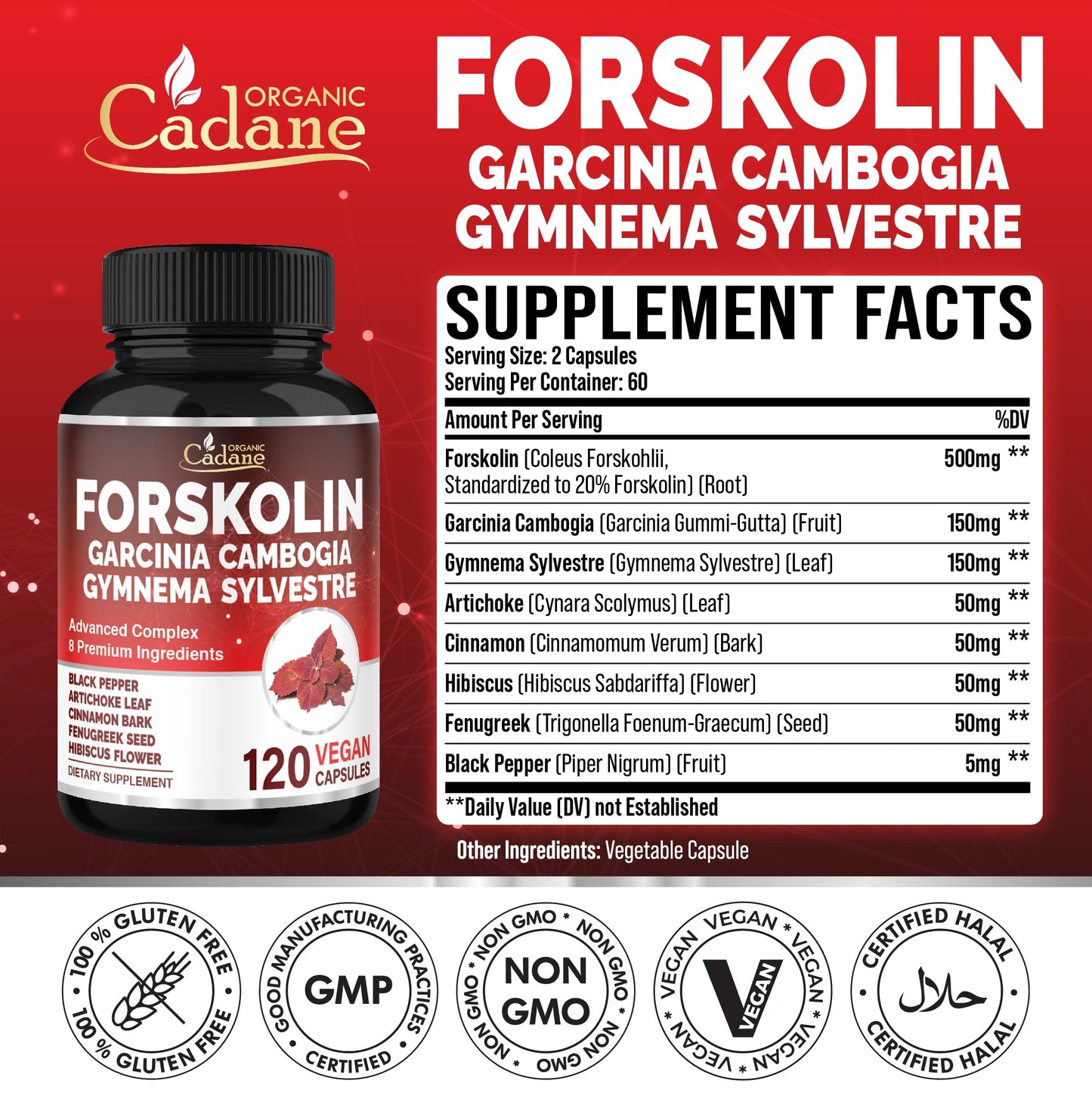 Organic Cadane Forskolin Supplement, 120 Capsules