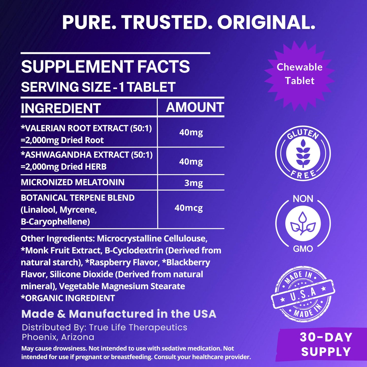 True Life Therapeutics Powerful Sleep Support with Valerian Root, Ashwagandha, Melatonin & Botanical Terpenes Chewable Tablets, 30 Count