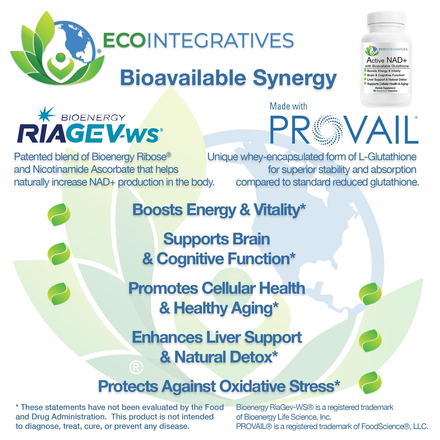 EcoIntegratives Active NAD+ with Bioavailable Glutathione – Energy, Brain & Cellular Support Supplement – RiaGev NAD+ Booster + Provail Glutathione, 60 Capsules