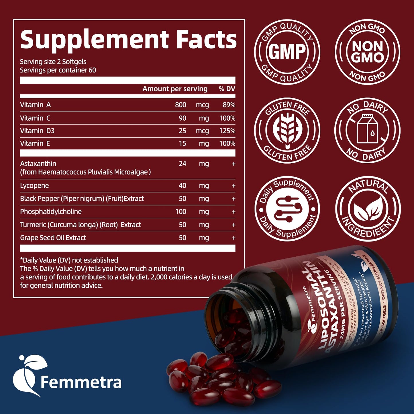 Femmetra 10-IN-1 Astaxanthin Supplements 24mg, Fresh Microalgae Source, 120 Softgels