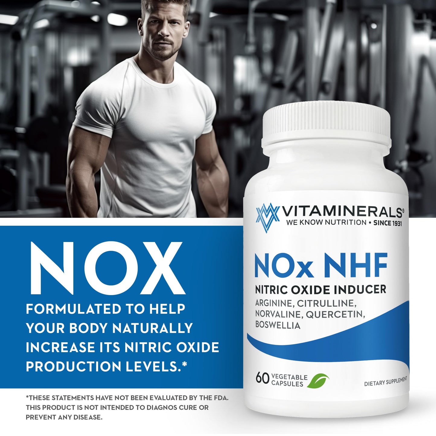 Vitaminerals 122 NOx NHF L-arginine, L-citrulline, L norvaline Plus B6, Quercetin, White Willow, Boswellia & Enzymes 60 Veggie Caps