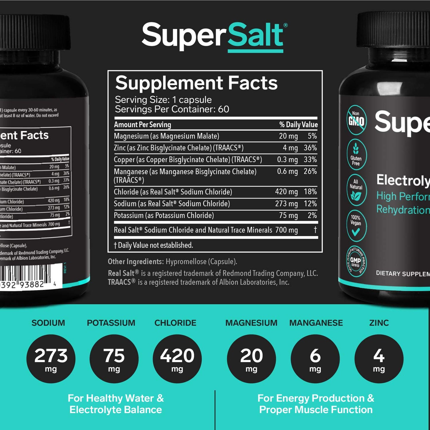 SuperSalt Keto Electrolyte Supplement Salt Replacement Capsules, Tablets, 60 Count