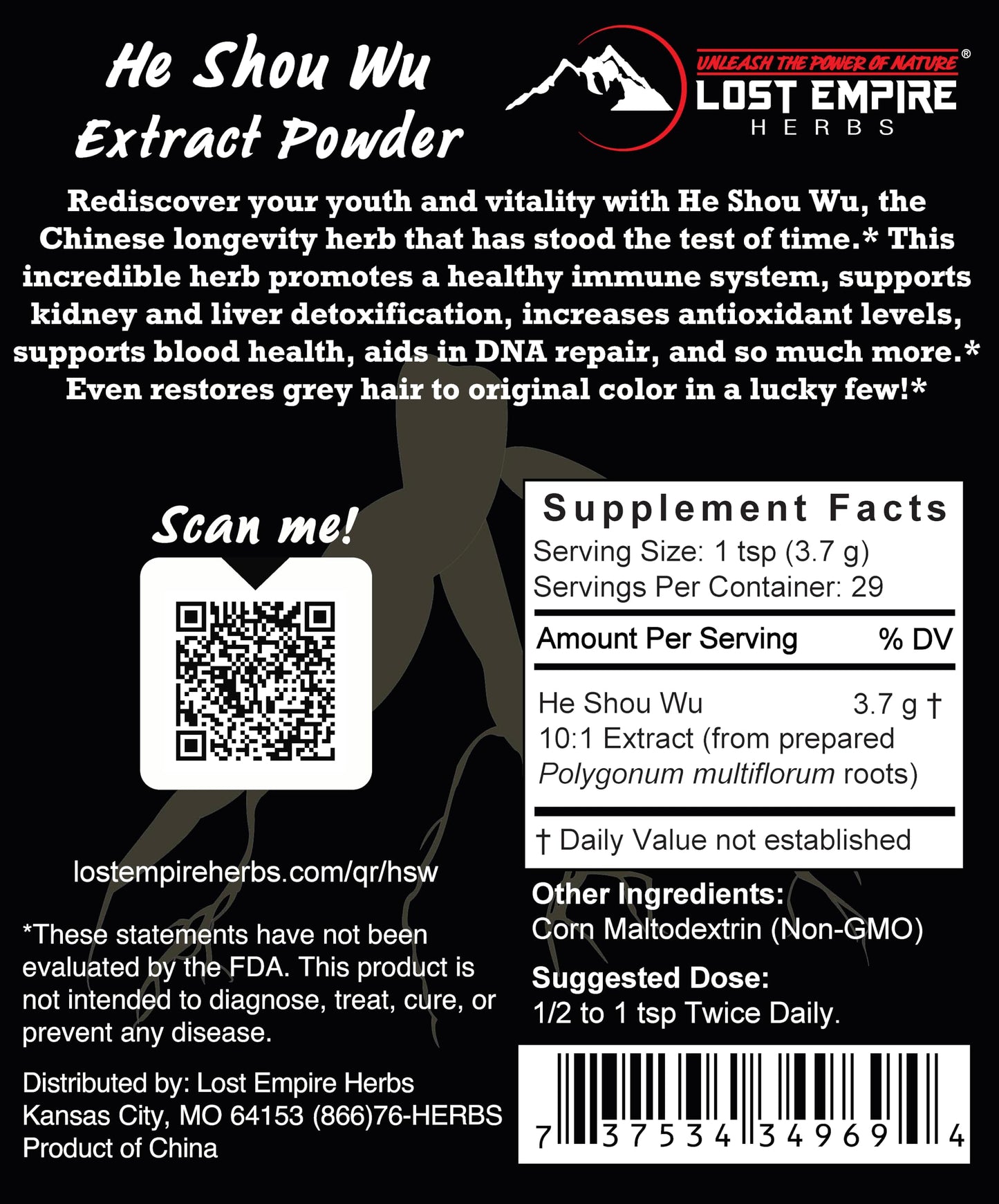 Lost Empire Herbs He Shou Wu 10:1 Extract Powder 3.5 Ounces